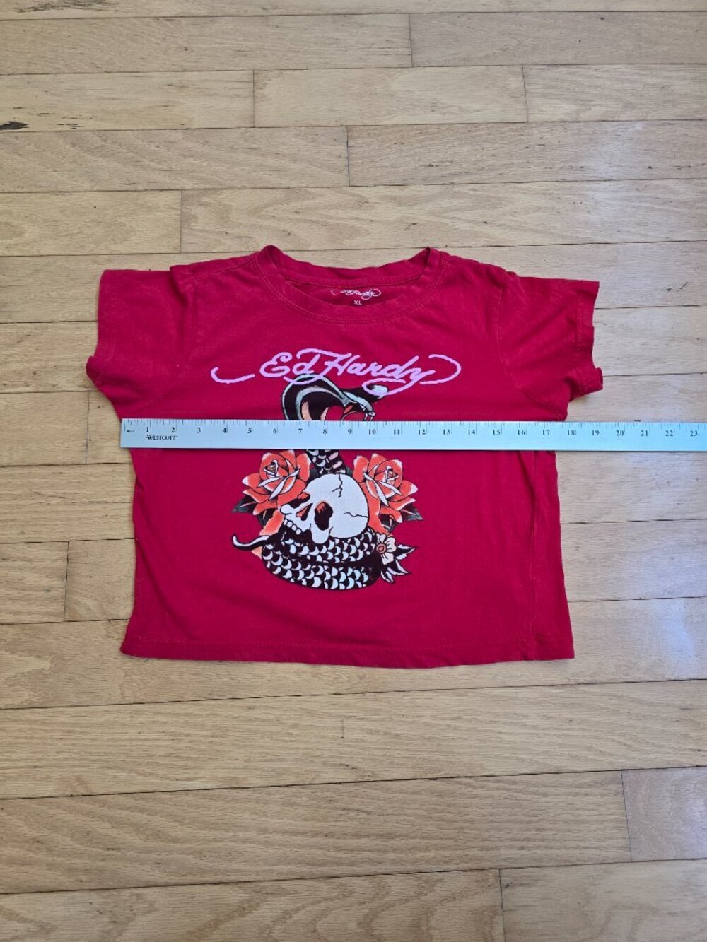 vintage Y2K Ed Hardy red grunge cropped fitted t-shirt | WMS XL - Picture 7 of 10